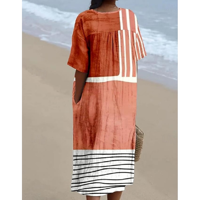 Women's Midi Dress Sundress Vacation Casual Beach Daily Going out Loose Fit Graphic Geometric Short Sleeve V Neck Blue Purple Orange Green Summer2