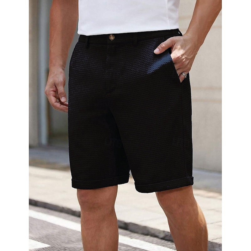 Men's Waffle Shorts Shorts Dress Shorts Pocket Elastic Waist Straight Leg Plain Comfort Soft Knee Length Office Business Casual Fashion Streetwear Black White4