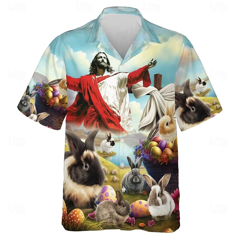 Easter Men's Bunny Jesus Easter Egg Shirt Cuban Collar Shirt Button Up Shirt Short Sleeve Vintage Retro Holiday Festival Summer Spring Camp Collar Shirt 3D Print Light Blue2