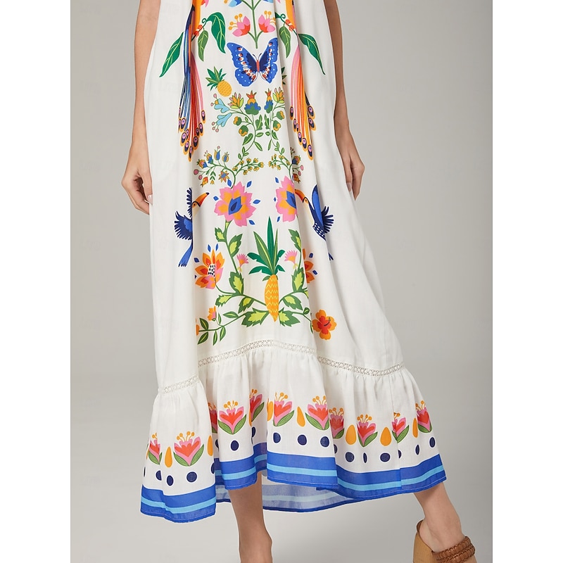White-Toned Beach Vacation Style Printed Dress4
