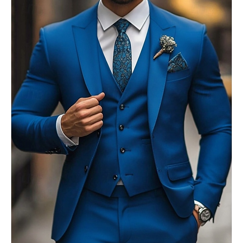 Men's Wedding Party Suits Blue Fashion Business Solid Colored Standard Fit 3 Piece Single Breasted Two-buttons2