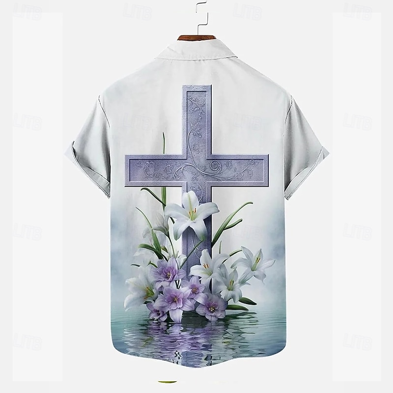 Easter Men's Templar Cross Shirt Casual Shirt Button Up Shirt Short Sleeve Vintage Retro Vacation Holiday Festival Summer Spring Turndown 3D Print Collared Shirts Purple2