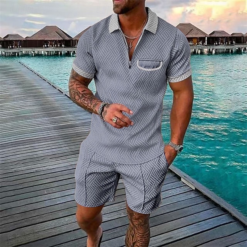 Men's Quarter Zip Polo Golf Shirt Daily Holiday Lapel Short Sleeve Fashion Basic Plain Pocket 2 Piece Summer Regular Fit Black Pink Red Navy Blue Green Army Green Quarter Zip Polo2