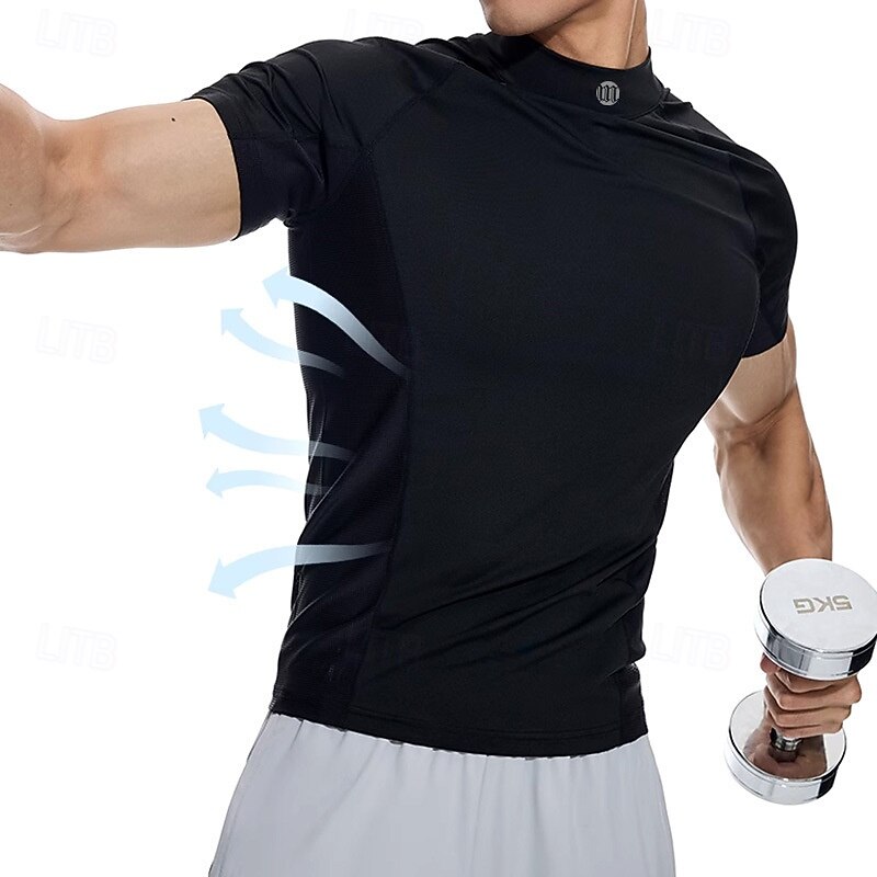 Men's Gym Shirt Compression Shirt Fitness Shirt Crew Neck Short Sleeves Casual Daily Gym Quick dry High Stretch Sweat wicking Patchwork Plain Black White non-printing Activewear Polyester3