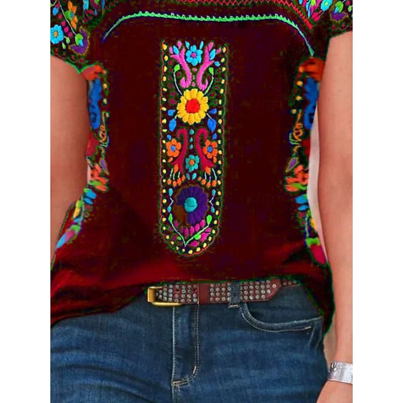 Women's T Shirt Peasant Blouse Floral Bohemia Active Western Short Sleeve Crew Neck Regular Tops Daily Print Black Wine Blue Gray Summer4