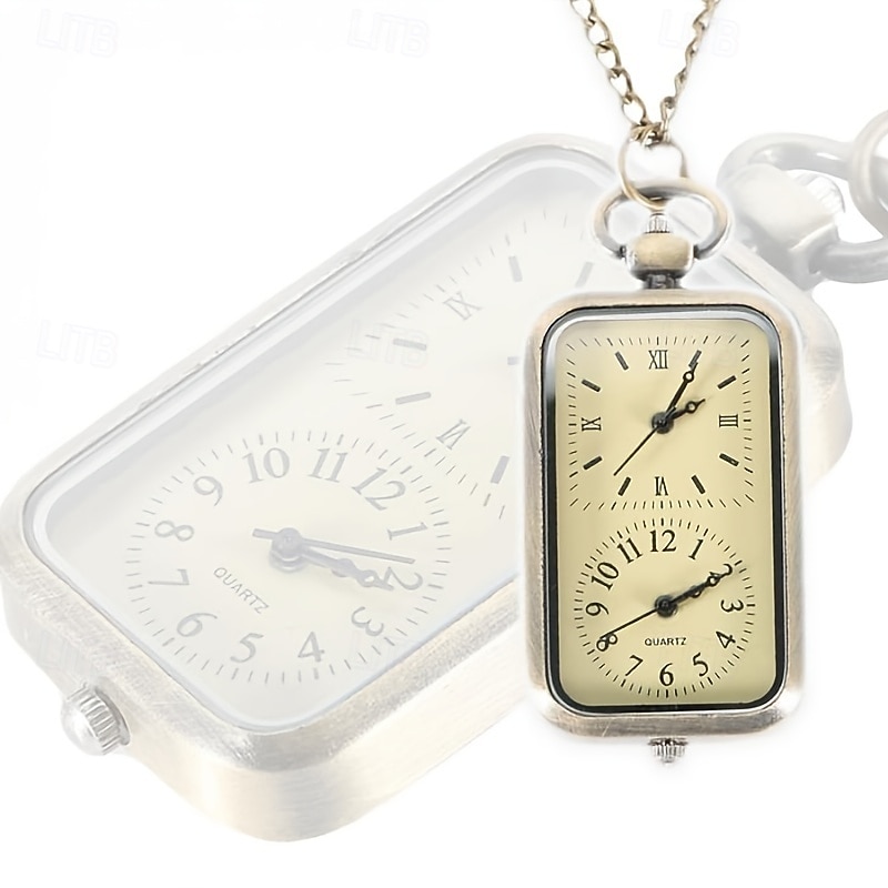 Men Bronze Double Time Zone Rectangle Pocket Watch Quartz Movement Women Ladies Dress Necklace Gifts