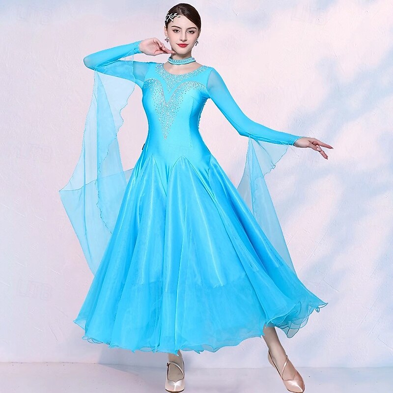 Ballroom Dance Dress Splicing Crystals / Rhinestones Tulle Women's Performance Party Long Sleeve Mesh Spandex Imitation Silk