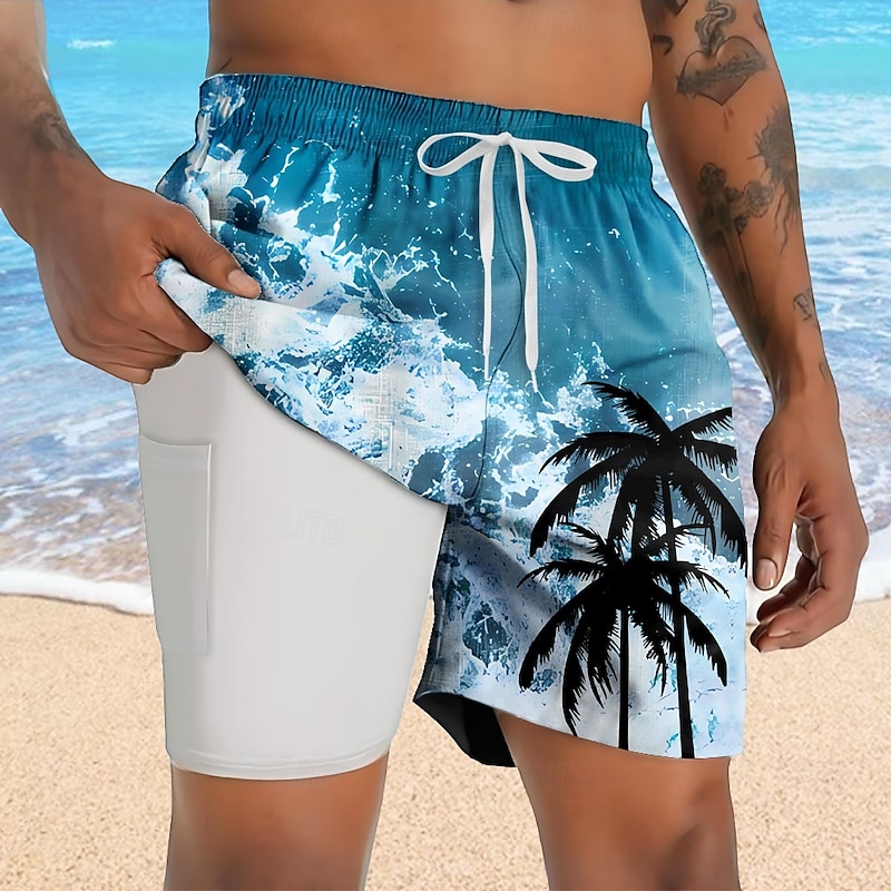 Men's Coconut Tree Ocean Tropical Plants Lined Shorts 2 in 1 Board Shorts Swim Shorts Mid Waist Hawaiian Vacation Holiday Beach Wear Side Pockets With Compression Liner Elastic Drawstring Waist