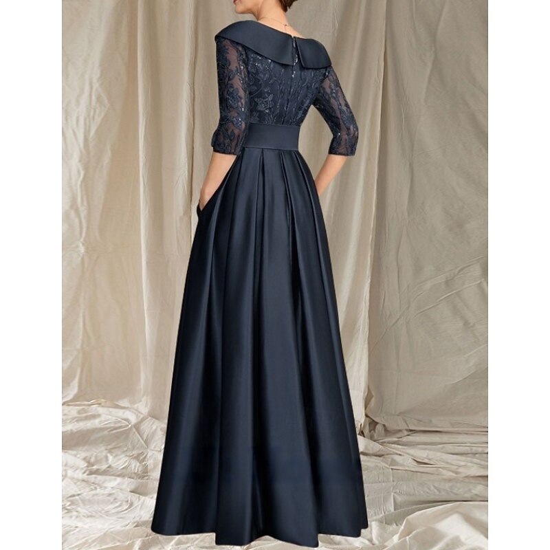 A-Line Mother of the Bride Dress Wedding Guest Elegant V Neck Floor Length Satin Lace 3/4 Length Sleeve with Lace Bow(s) Pleats2