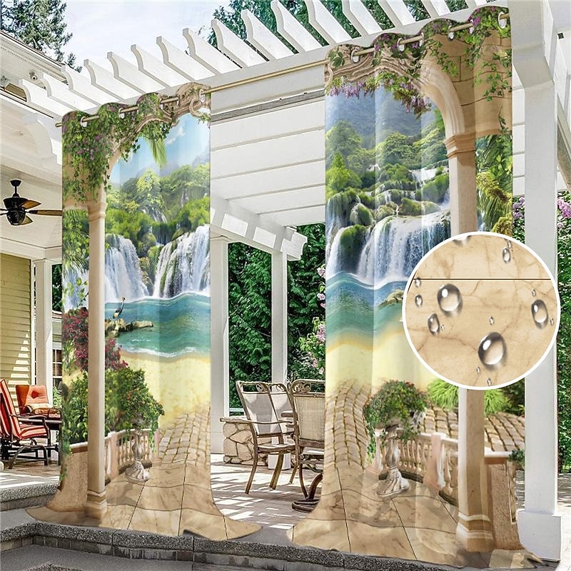 Outdoor Curtains Waterproof Windproof Weatherproof Curtain for Patio, Cabana, Porch, Pergola and Gazebo, Grommet Top Drape, 2 Panels Garden Theme