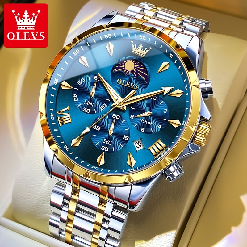 OLEVS 3653 Mens Watch Quartz Watch Multifunctional Chronograph Watch For Men 30M Waterproof Luminous Moon Phase Steel Watch
