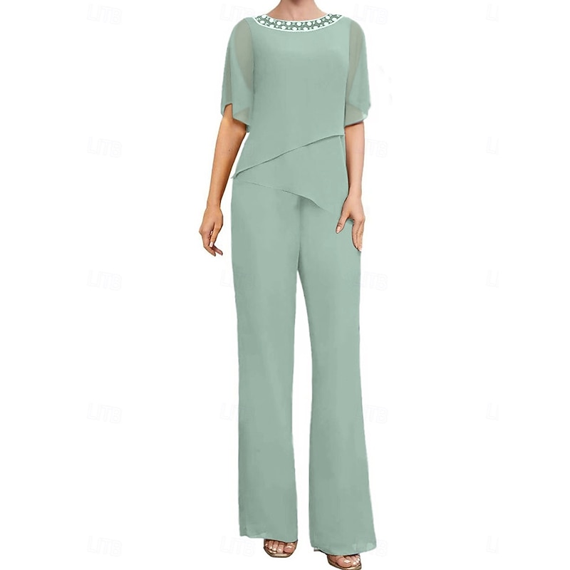 Pantsuit Mother of the Bride Dress Wedding Guest Elegant Simple Square Neck Floor Length Polyester Short Sleeve with Solid Color3