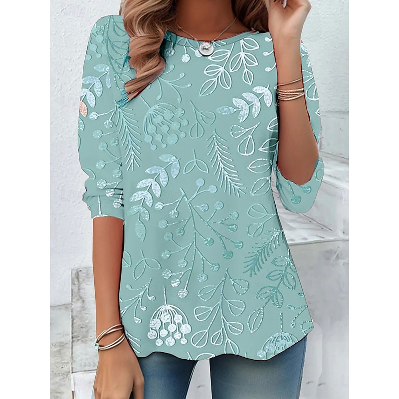 Women's T shirt Long Sleeve Crew Neck Long Sleeve Tunic 3D Print Floral Graphic Casual Regular Tops Daily Print Pink Purple Green Khaki Fall Prefall3