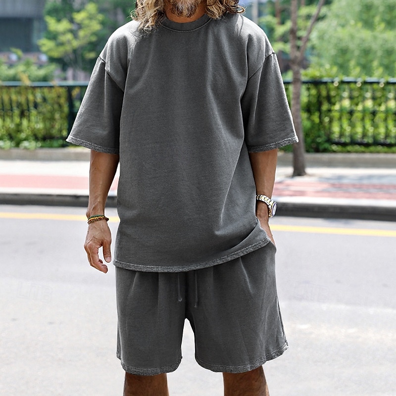 Men's Tracksuit Outfit Set Shorts Crew Neck Outdoor Daily Sports Pocket Drawstring 2 Piece Plain Black White Navy Blue Polyester Activewear Classic Casual Summer3