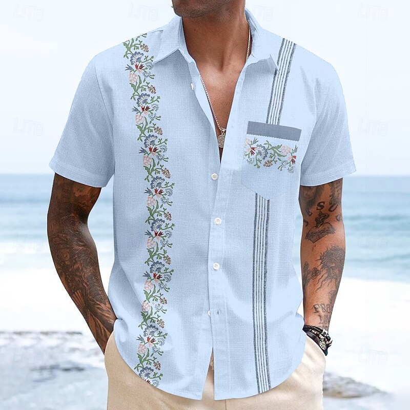 Men's Striped Floral Print Flowers Guayabera Shirt Summer Hawaiian Shirt Button Up Shirt Short Sleeve Hawaiian Vacation Dailywear Beach Wear Summer Spring Turndown Collared Shirts Front One Pocket2