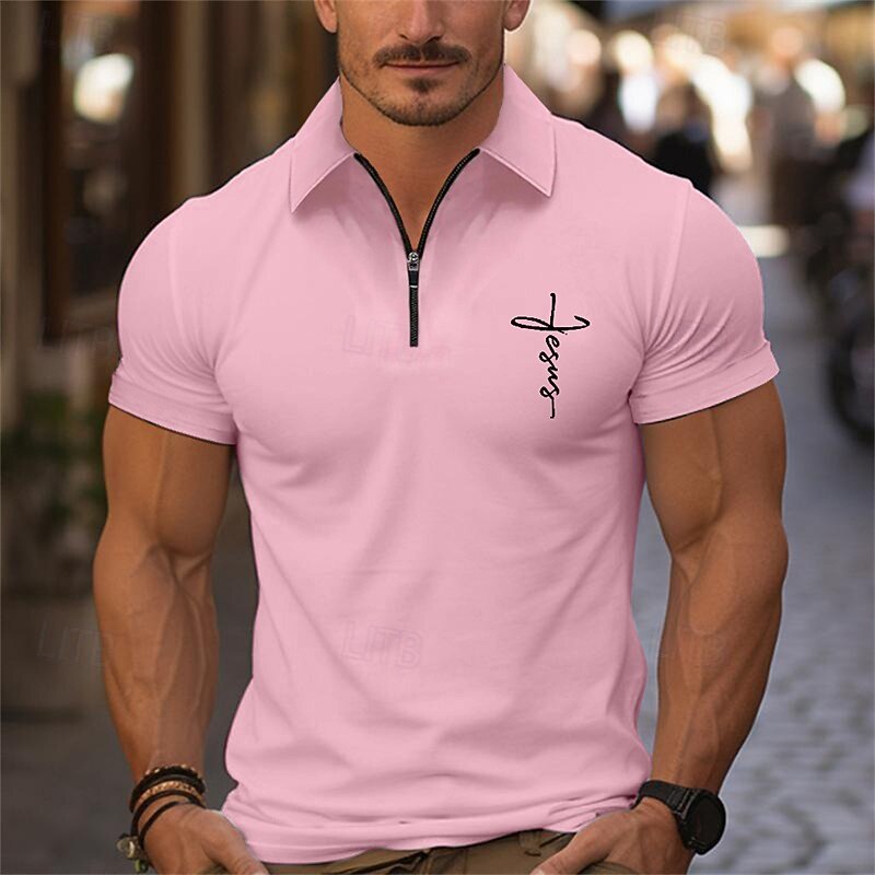 Men's Quarter Zip Polo Golf Shirt Daily Holiday Lapel Short Sleeve Fashion Basic Cross Print Summer Spring Regular Fit Black White Pink Navy Blue Light Sky Blue Quarter Zip Polo3