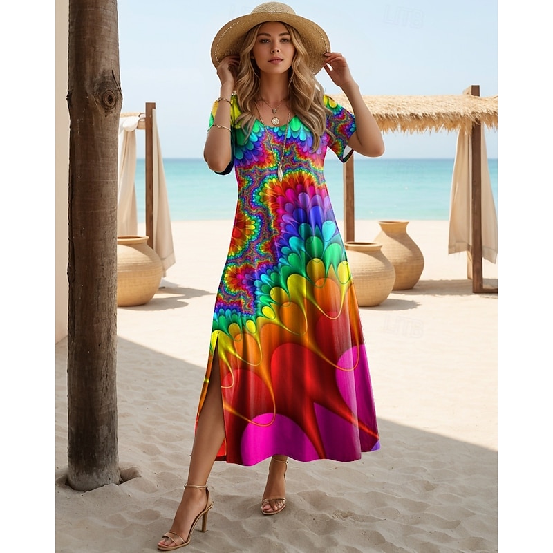 Women's Midi Dress Sundress A Line Dress Vacation Casual Boho Butterfly Sleeve Vacation Going out Regular Fit Floral Graphic Rainbow Short Sleeve Crewneck Light Purple Purple Rainbow Summer2