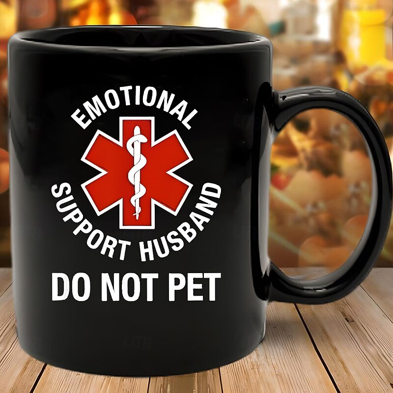 Funny Husband Mug Emotional Support Husband Do Not Pet Black 11oz Coffee Cup Sarcastic Gift for Men Husband Boyfriend Wedding Anniversary Birthday Christmas