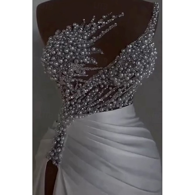 Mermaid / Trumpet Evening Gown Elegant Dress Carnival Masquerade Floor Length Sleeveless Off Shoulder Satin with Pearls Overskirt3