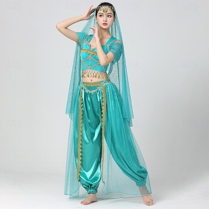 Belly Dance Top Gold Coin Pure Color Splicing Women's Performance Training Short Sleeve High Polyester2