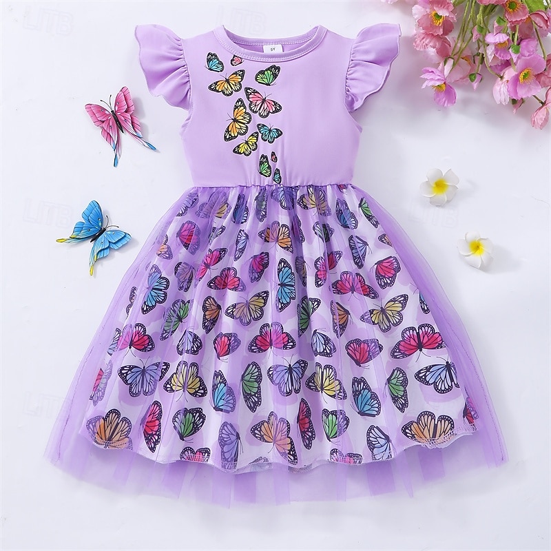 Kids Girls' Dress Butterfly Sleeveless Outdoor Casual Ruffle Fashion Adorable Polyester Knee-length Casual Dress A Line Dress Summer 4 years+ Pink Purple