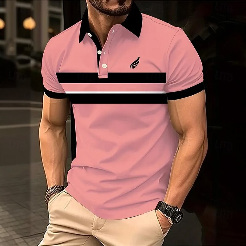 Men's Horizontal Stripes Rugby Polo Short Sleeve Polo Shirts Collared Shirts Business Casual School Outdoor Athleisure Daily Wear 3D Print Summer Spring Fall White Yellow Pink3