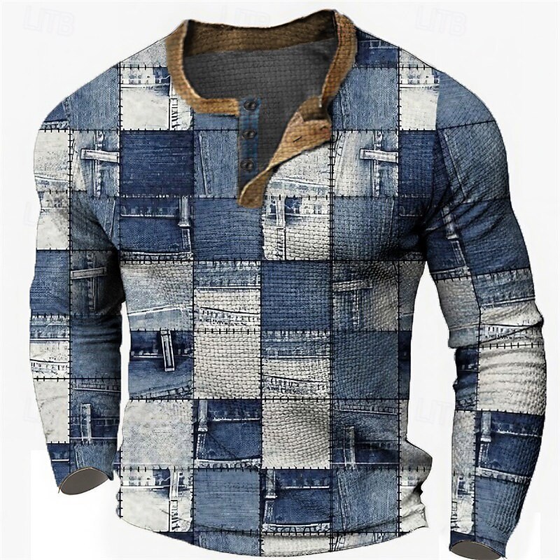 Mens Graphic Shirt Plaid Designer Casual Vintage Retro 3D Print Henley Waffle Tee Sports Outdoor Holiday Festival Light Blue Navy