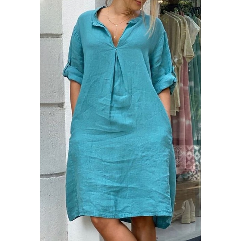 Women's Mini Dress Linen-Inspired Dresses Cotton Linen Dress Basic Classic Daily Holiday Weekend Regular Fit Plain Long Sleeve Shirt Collar Orange Light Grey Dark Gray Peacock Blue Summer