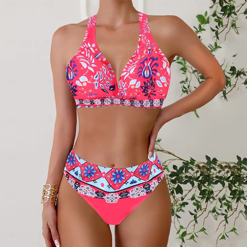 Women's Swimwear Bikini Tankini 2 Piece Cheeky Swimsuit Deep V Push Up Knitted Vacation Tropical Floral Color Block Plunge Sleeveless Bathing Suits4