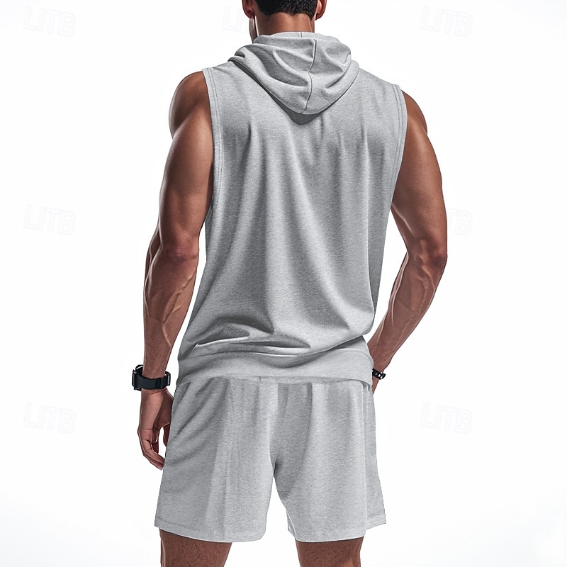 Men's T-shirt Suits 2 Pieces Outfits Tee & Shorts Short Sleeve Hooded Summer Plain Fashion Casual 2 Piece Vacation Daily Wear Going out Black Yellow Red Top Tee for Men2