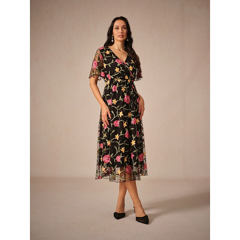 Women's Midi Dress Black Dress Elegant Stylish Party Wedding Guest Date Loose Fit Floral Short Sleeve V Neck Black Summer Spring2