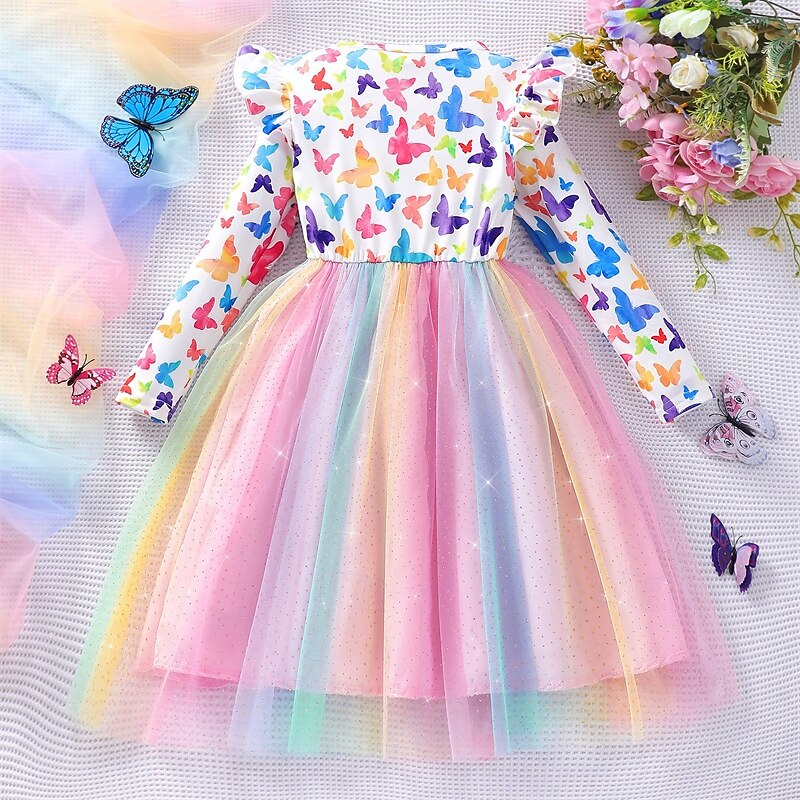 Kids Girls' Dress Butterfly Rabbit Long Sleeve Outdoor Casual Fashion Cute Polyester Knee-length Casual Dress A Line Dress Summer 4 years+ Pink Purple Orange2