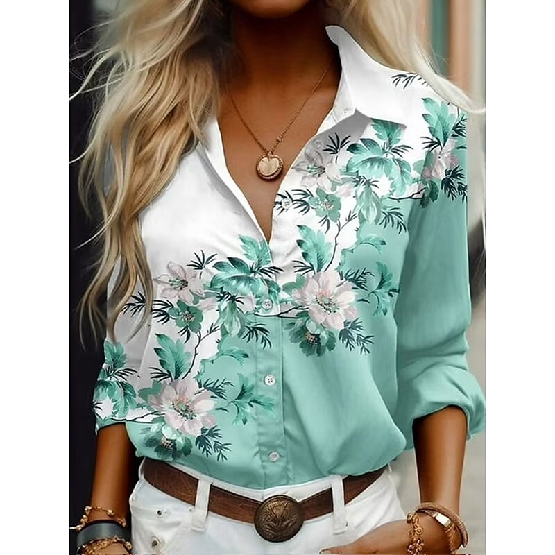 Women's Shirt Button Down Tunic Shirt Collar Long Sleeve Floral Graphic Casual Regular Tops Work Daily s Print Pink Blue Green Spring Fall Winter