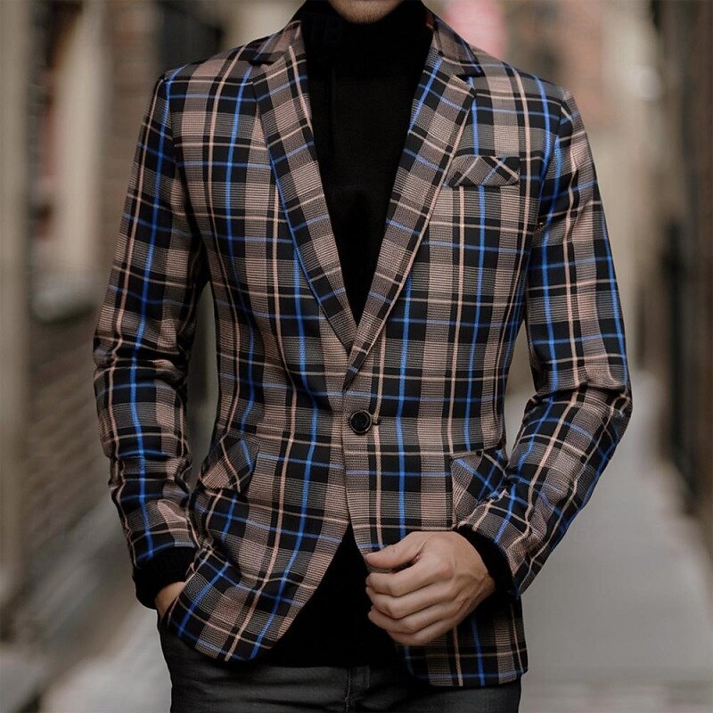 Men's Blazer Business Cocktail Party Wedding Party Fashion Casual Spring Autumn / Fall Polyester Plaid Pocket Buttons Comfortable Single Breasted Blazer Coffee
