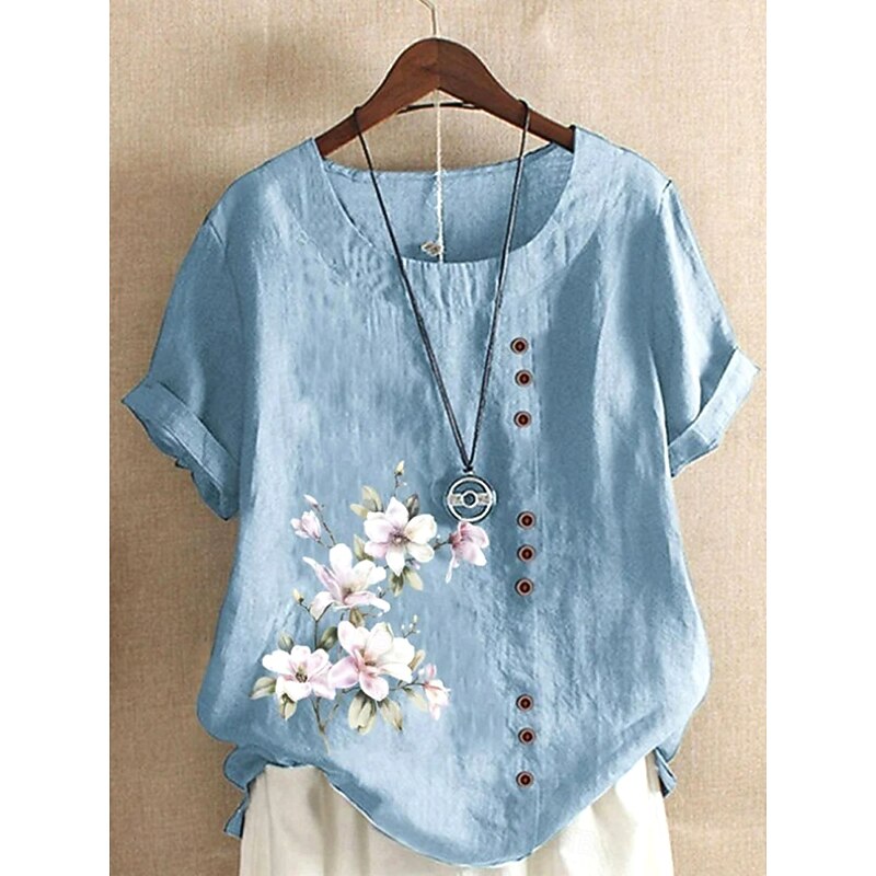 Women's 100% Cotton Shirt Blouse Floral Linen Vintage Casual Short Sleeve Crew Neck Regular Tops Daily Going out Buttons Print Light Blue Summer Spring