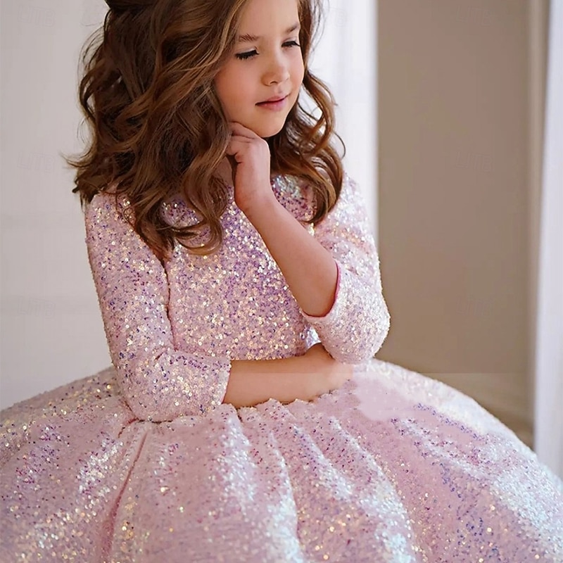 Kids Girls' Dress Party Dress Solid Color Long Sleeve Performance Sequins Mesh Princess Sweet Mesh Knee-length Sheath Dress Tulle Dress Summer Spring Fall kids Rose Red3