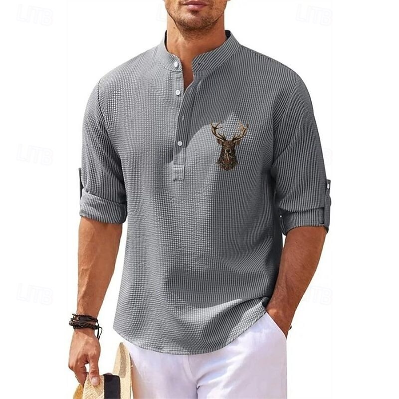 Men's Popover Shirt Summer Shirt Casual Shirt Beach Shirt Waffle Knit Shirt Black White Blue Sky Blue Dark Gray Long Sleeve Reindeer Pattern Stand Collar Henley Vacation Hawaiian Buckle Clothing2
