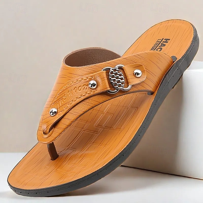 Fashion-Forward Men's Flip-Flops in Textured Tan Faux Leather with Studded Details - Ideal for Leisure Activities and Casual Wear