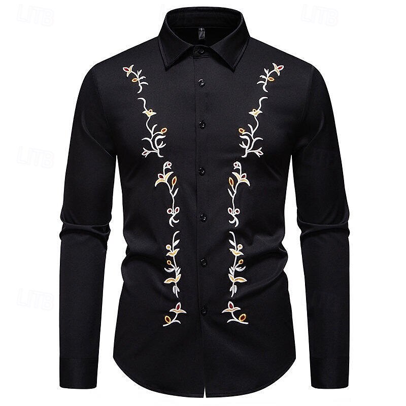 Men's Shirt Summer Shirt Casual Shirt Beach Shirt Button Up Shirt Black White Long Sleeve Floral Lapel Vacation Hawaiian Embroidered Clothing Apparel Polyester Fashion Casual Comfortable