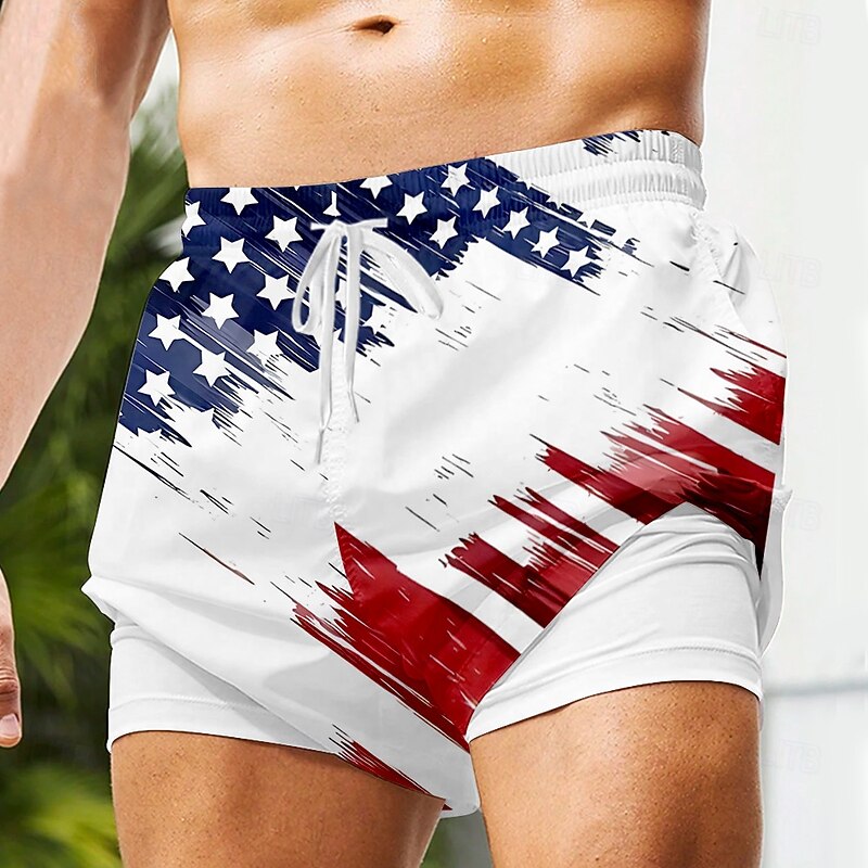 Men's American US Flag Patriotic Lined Shorts 2 in 1 Board Shorts Swimming Trunks Mid Waist Hawaiian Vacation Beach Side Pockets With Compression Liner Elastic Drawstring Waist Designer Clothing