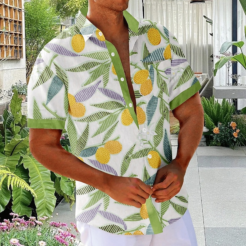 Men's Fruit Plants Tropical Shirt Summer Hawaiian Shirt Button Up Shirt Short Sleeve Hawaiian Vacation Holiday Beach Wear Summer Turndown 3D Print Front One Pocket Linen Like Shirt Black White