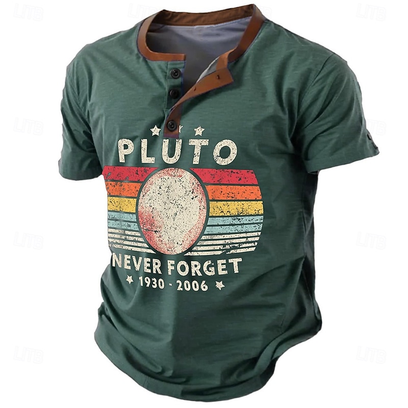 Men's Henley T-Shirt Pluto Never Forget 1930-2006 Vintage Graphic Short Sleeve Brown