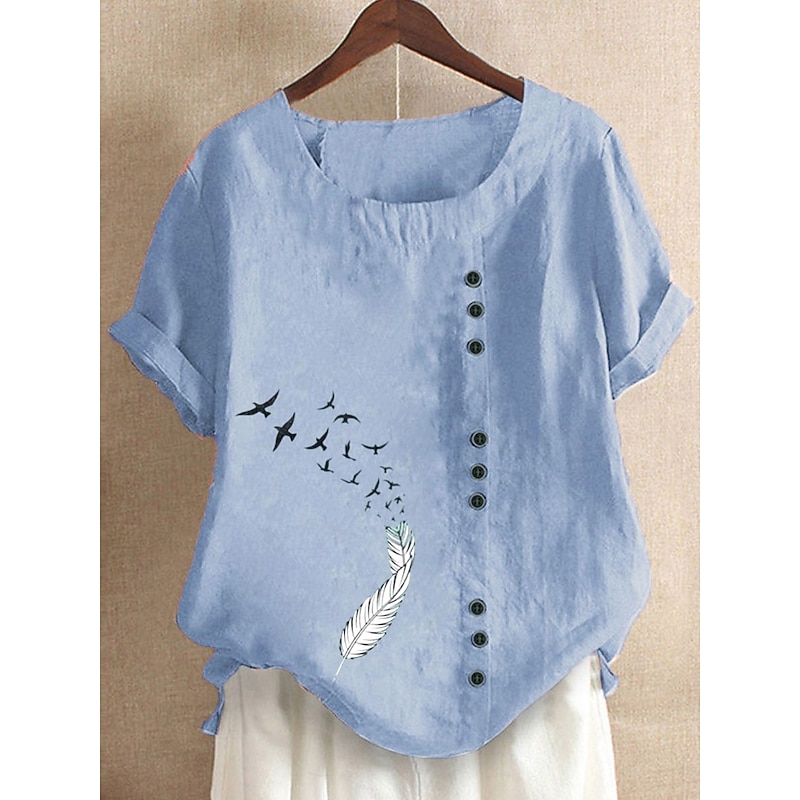 Women's 100% Cotton Blouse Graphic Animal Vintage Casual Short Sleeve Crew Neck Regular Tops Daily Going out Buttons Print White Light Green Pink Blue Purple Summer Spring3