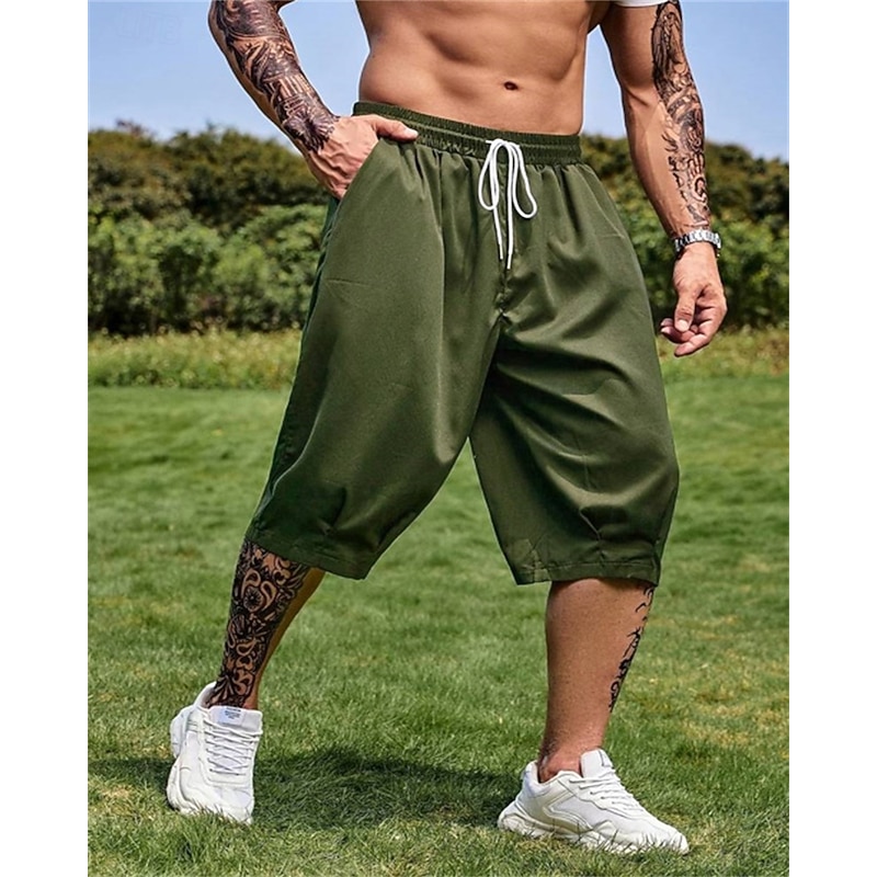 Men's Capri Pants Summer Shorts Casual Shorts Pocket Drawstring Elastic Waist Plain Comfort Breathable Calf-Length Outdoor Vacation Sport Casual Black Army Green