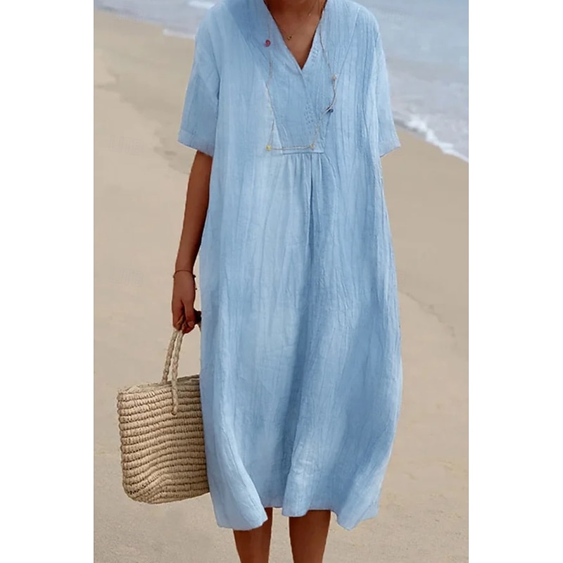 Women's Midi Dress Cotton Linen Dresses Cotton Linen Dress Fashion Classic Modern Vacation Daily Holiday Regular Fit Plain Short Sleeve V Neck Light Green Pink Blue Green Summer2