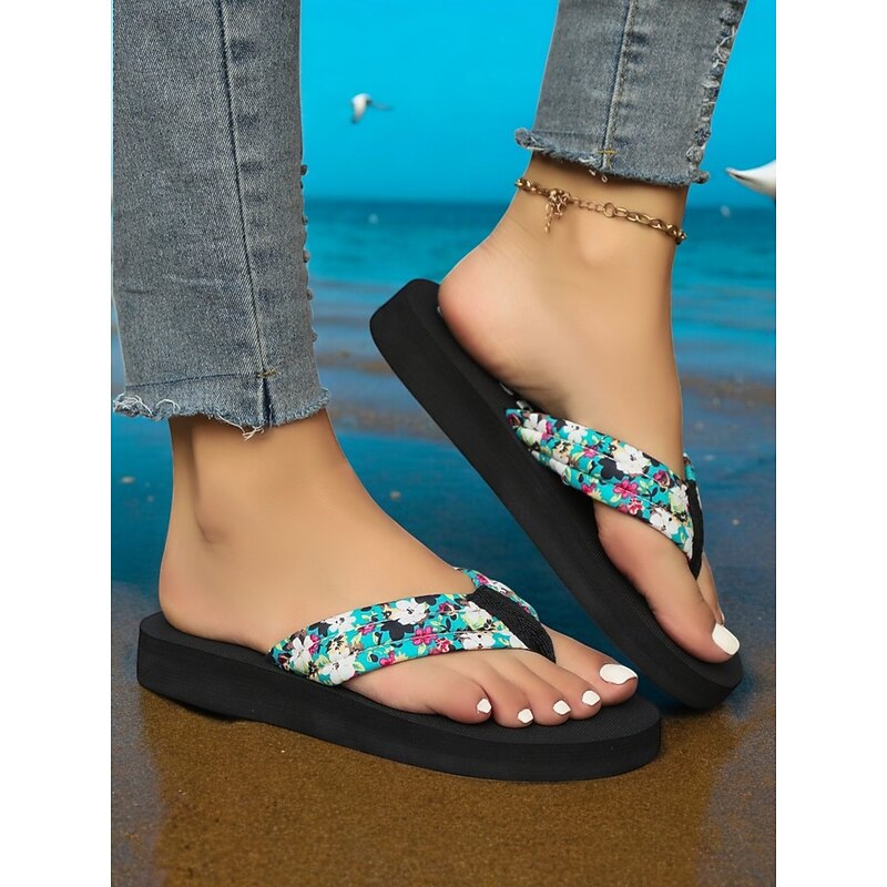 Women's Floral Print Flip Flops – Comfortable Beach Sandals with Soft Cushioned Sole for Summer, Vacation, and Casual Wear