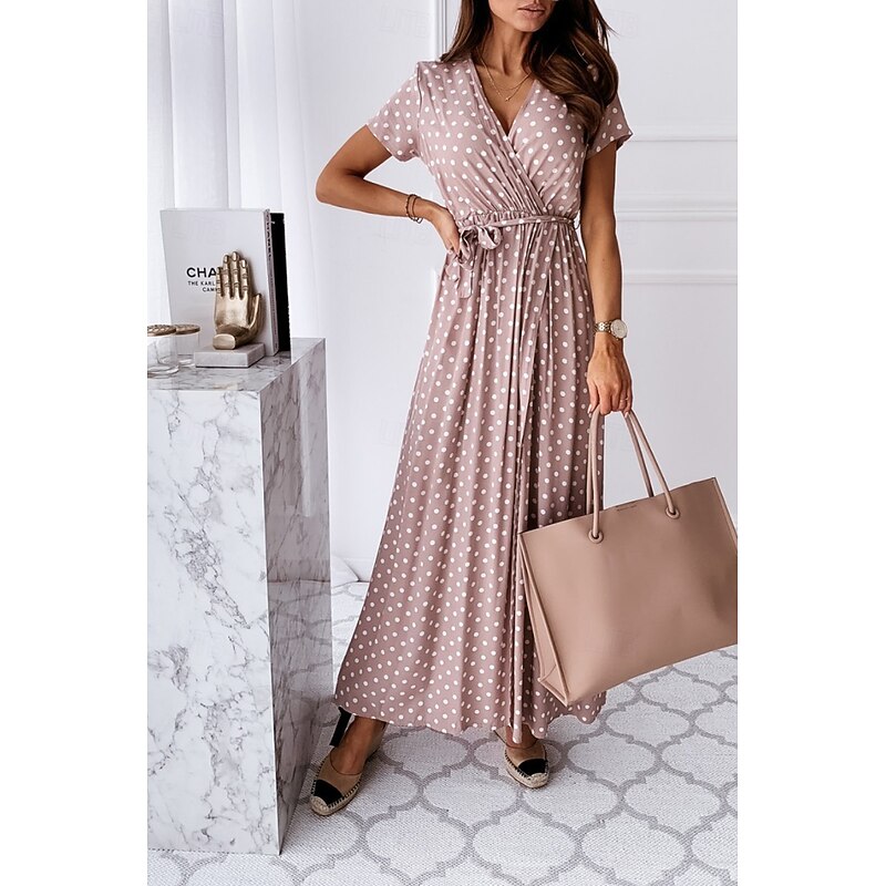 Women's Midi Dress Casual Dress Boho Dress Classic Vacation Daily Holiday Regular Fit Polka Dot Short Sleeve V Neck Black Pink Green Summer3