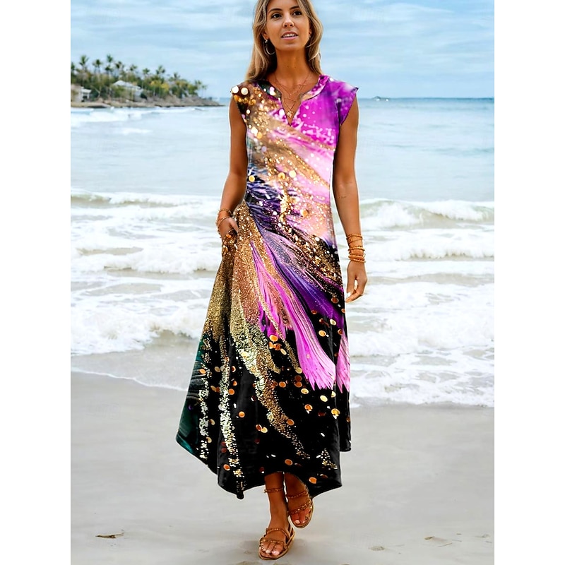 Women's Maxi Dress Sundress Shift Dress Vacation Boho Beach Party Beach Standard Fit Ombre Graphic Galaxy Sleeveless V Neck Pink Summer Spring