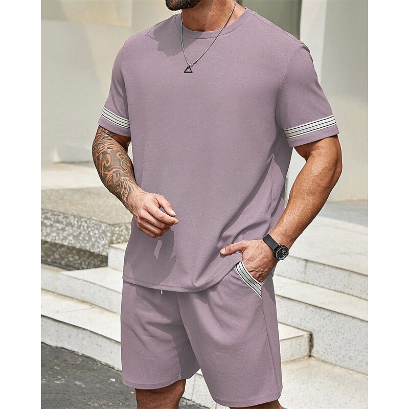 Men's Tracksuit Outfit Set Shorts Crew Neck Outdoor Daily Sports Pocket Drawstring 2 Piece Color Block Striped Black Purple Khaki Polyester Activewear Classic Casual Summer3