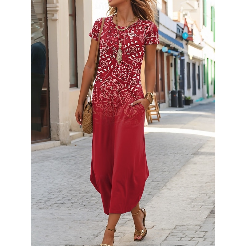 Women's Maxi Dress T Shirt Dress Tee Dress Summer Dress Casual Daily Regular Fit Graphic Paisley Short Sleeve Crew Neck Red Summer